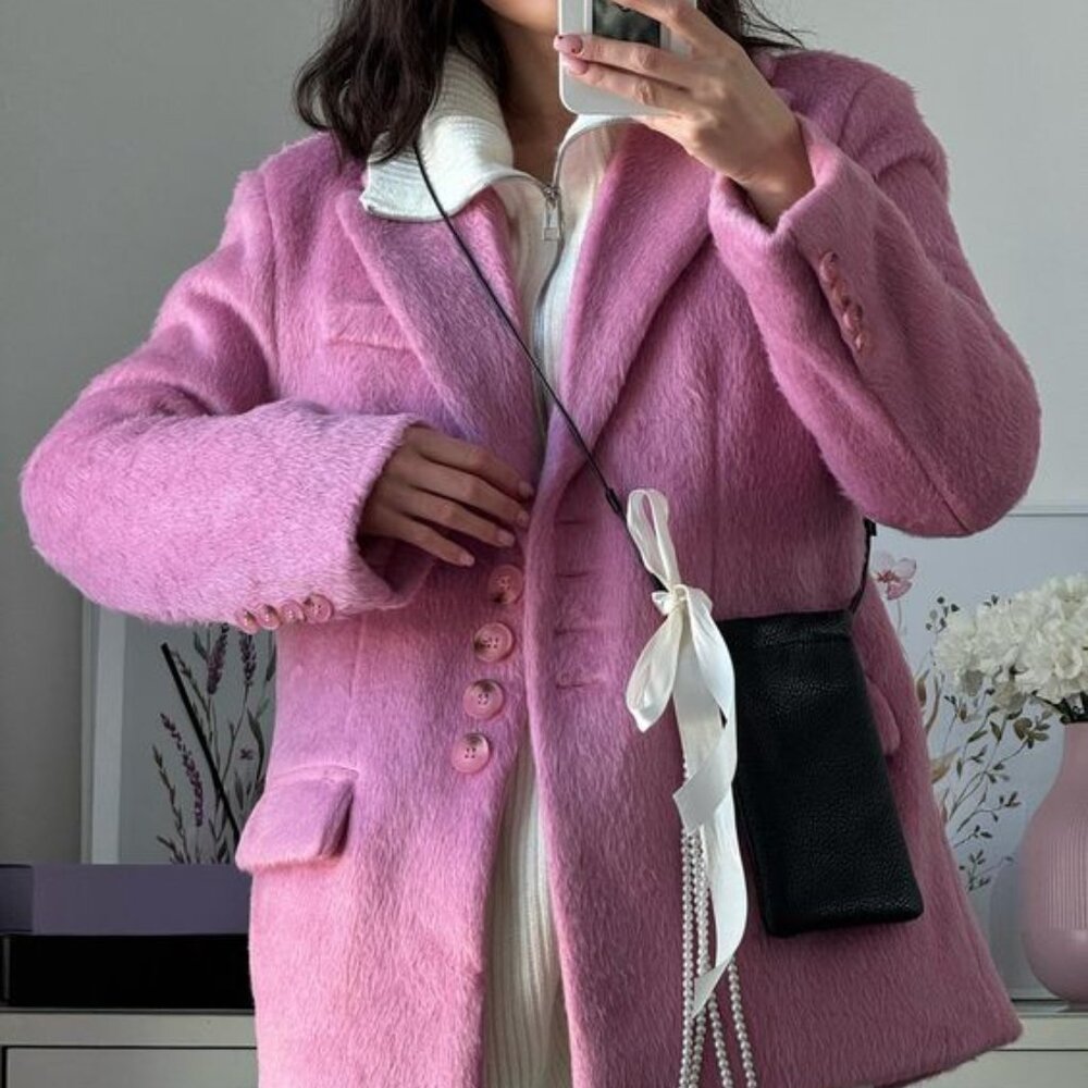 Women's Hot Pink Lapel Wool Coat Single Breasted Long Sleeve Autumn Jacket